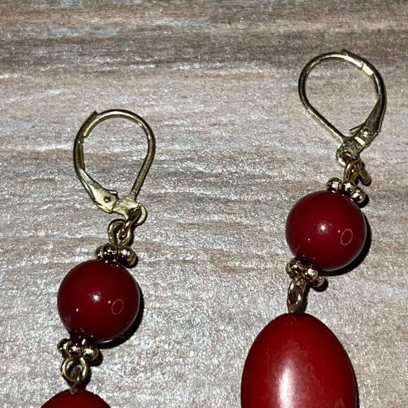 Vintage Dangle Drop Bead Earrings Womens Wine And Gold Tone Classiccore Bohemian - Picture 3 of 5